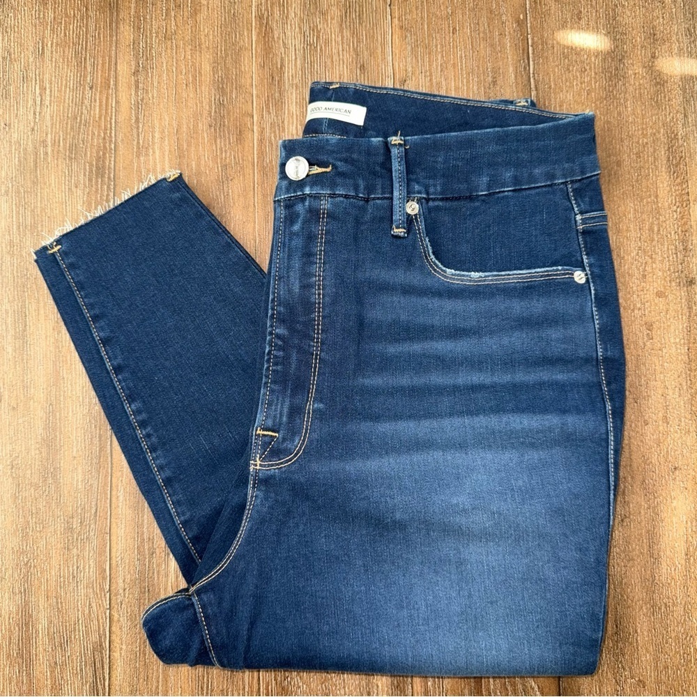 Good American Good Waist Skinny Jeans Raw Hem Plus Size Dark Blue